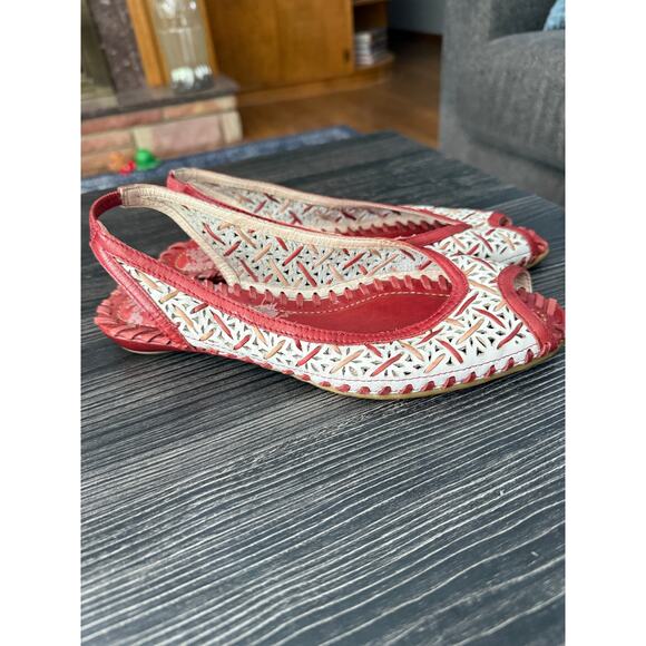 Pikolinos Romana Woven Red, White, & Tan Leather Peep Toe Sandals Flats Sz. 37 - Picture 4 of 7